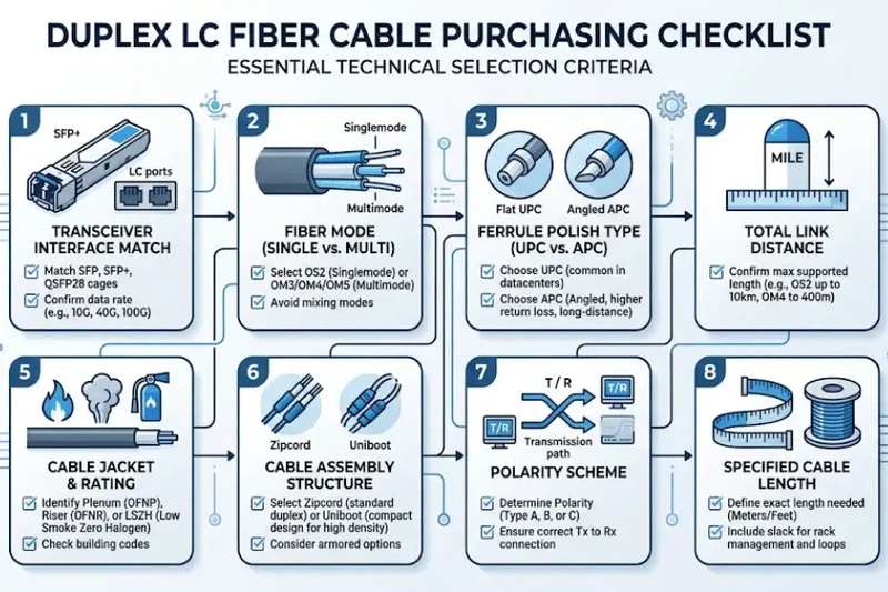 Duplex LC fiber cable buying checklist for interface fiber mode polish jacket and polarity Duplex LC fiber cable buying checklist for interface fiber mode polish jacket and polarity
